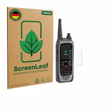Parte frontale di una confezione del prodotto con il logo del marchio ScreenLeaf. Accanto è raffigurato il dispositivo Icom IC