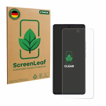Parte frontale di una confezione del prodotto con il logo del marchio ScreenLeaf. Accanto è raffigurato il dispositivo realme 