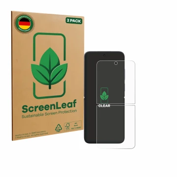 Parte frontale di una confezione del prodotto con il logo del marchio ScreenLeaf. Accanto è raffigurato il dispositivo Xiaomi 