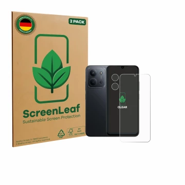 Parte frontale di una confezione del prodotto con il logo del marchio ScreenLeaf. Accanto è raffigurato il dispositivo Xiaomi 