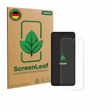 Parte frontale di una confezione del prodotto con il logo del marchio ScreenLeaf. Accanto è raffigurato il dispositivo Oukitel