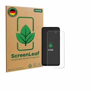 Parte frontale di una confezione del prodotto con il logo del marchio ScreenLeaf. Accanto è raffigurato il dispositivo Xiaomi 