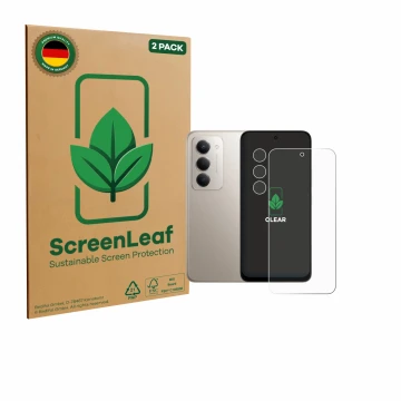 Parte frontale di una confezione del prodotto con il logo del marchio ScreenLeaf. Accanto è raffigurato il dispositivo Xiaomi 