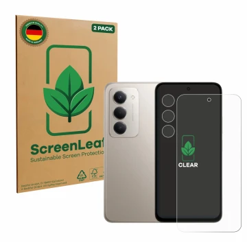 Parte frontale di una confezione del prodotto con il logo del marchio ScreenLeaf. Accanto è raffigurato il dispositivo Xiaomi 
