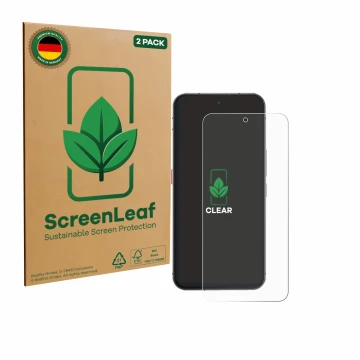 Parte frontale di una confezione del prodotto con il logo del marchio ScreenLeaf. Accanto è raffigurato il dispositivo Oukitel