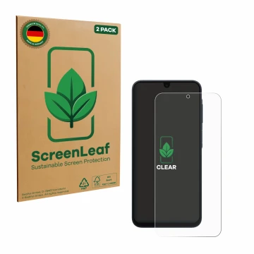 Parte frontale di una confezione del prodotto con il logo del marchio ScreenLeaf. Accanto è raffigurato il dispositivo Samsung