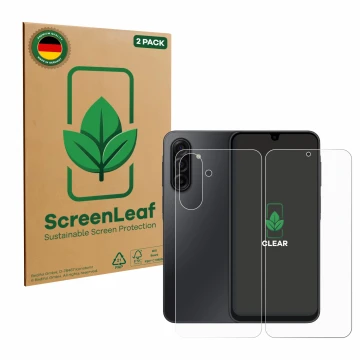 Parte frontale di una confezione del prodotto con il logo del marchio ScreenLeaf. Accanto è raffigurato il dispositivo Samsung
