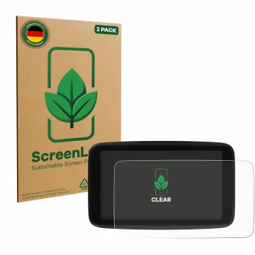 Parte frontale di una confezione del prodotto con il logo del marchio ScreenLeaf. Accanto è raffigurato il dispositivo TomTom 