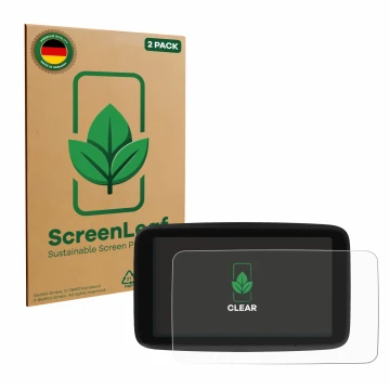 Parte frontale di una confezione del prodotto con il logo del marchio ScreenLeaf. Accanto è raffigurato il dispositivo TomTom 