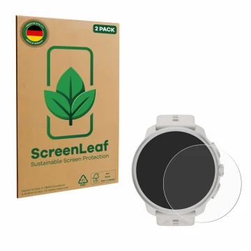 Parte frontale di una confezione del prodotto con il logo del marchio ScreenLeaf. Accanto è raffigurato il dispositivo Suunto 