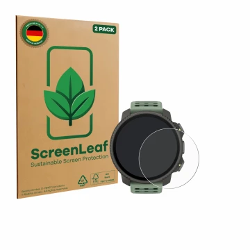 Parte frontale di una confezione del prodotto con il logo del marchio ScreenLeaf. Accanto è raffigurato il dispositivo Suunto 