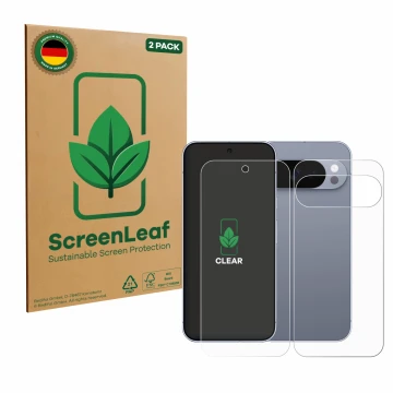 Parte frontale di una confezione del prodotto con il logo del marchio ScreenLeaf. Accanto è raffigurato il dispositivo Google 