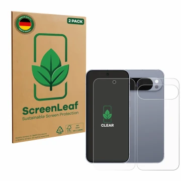 Parte frontale di una confezione del prodotto con il logo del marchio ScreenLeaf. Accanto è raffigurato il dispositivo Google 