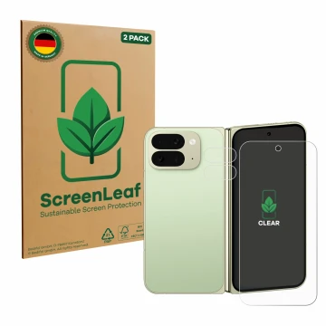 Parte frontale di una confezione del prodotto con il logo del marchio ScreenLeaf. Accanto è raffigurato il dispositivo Google 