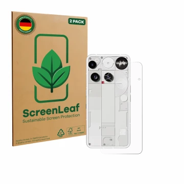 Parte frontale di una confezione del prodotto con il logo del marchio ScreenLeaf. Accanto è raffigurato il dispositivo Nothing