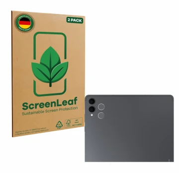 Parte frontale di una confezione del prodotto con il logo del marchio ScreenLeaf. Accanto è raffigurato il dispositivo Samsung