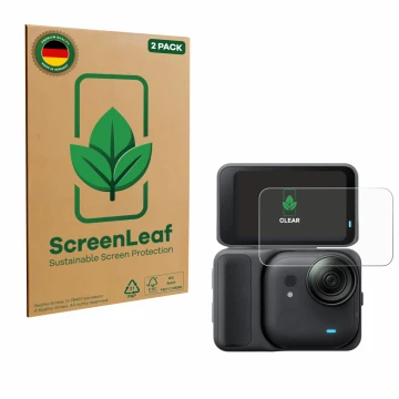 Parte frontale di una confezione del prodotto con il logo del marchio ScreenLeaf. Accanto è raffigurato il dispositivo Insta36