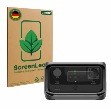 Parte frontale di una confezione del prodotto con il logo del marchio ScreenLeaf. Accanto è raffigurato il dispositivo EcoFlow