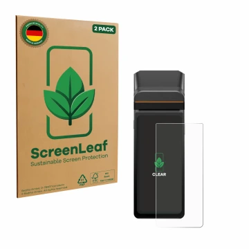 Parte frontale di una confezione del prodotto con il logo del marchio ScreenLeaf. Accanto è raffigurato il dispositivo Sunmi V