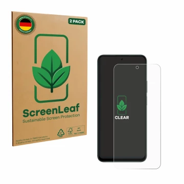 Parte frontale di una confezione del prodotto con il logo del marchio ScreenLeaf. Accanto è raffigurato il dispositivo Honor X