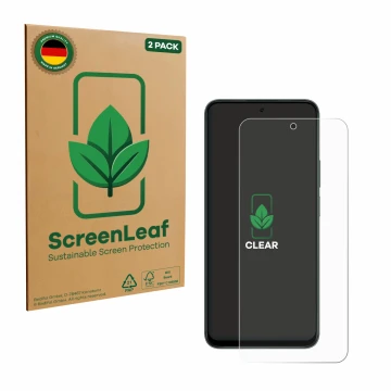 Parte frontale di una confezione del prodotto con il logo del marchio ScreenLeaf. Accanto è raffigurato il dispositivo Honor X