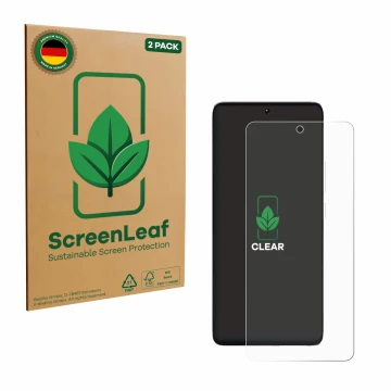 Parte frontale di una confezione del prodotto con il logo del marchio ScreenLeaf. Accanto è raffigurato il dispositivo Xiaomi 