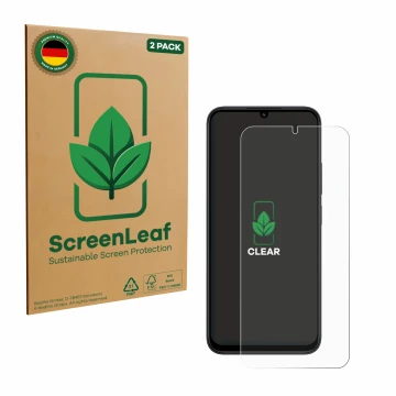 Parte frontale di una confezione del prodotto con il logo del marchio ScreenLeaf. Accanto è raffigurato il dispositivo Xiaomi 
