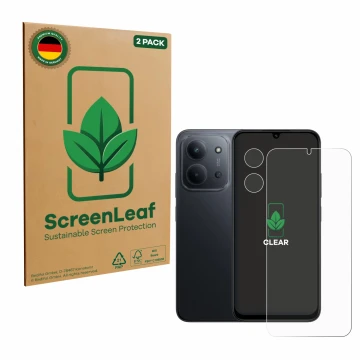 Parte frontale di una confezione del prodotto con il logo del marchio ScreenLeaf. Accanto è raffigurato il dispositivo Xiaomi 