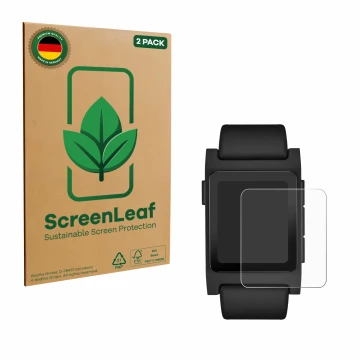 Parte frontale di una confezione del prodotto con il logo del marchio ScreenLeaf. Accanto è raffigurato il dispositivo Pebble 