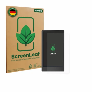 Parte frontale di una confezione del prodotto con il logo del marchio ScreenLeaf. Accanto è raffigurato il dispositivo reMarka