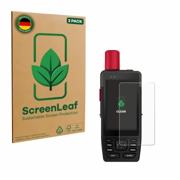 Parte frontale di una confezione del prodotto con il logo del marchio ScreenLeaf. Accanto è raffigurato il dispositivo Garmin 