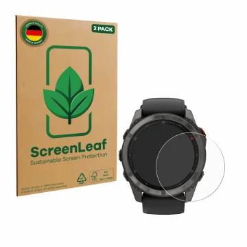 Parte frontale di una confezione del prodotto con il logo del marchio ScreenLeaf. Accanto è raffigurato il dispositivo Garmin 