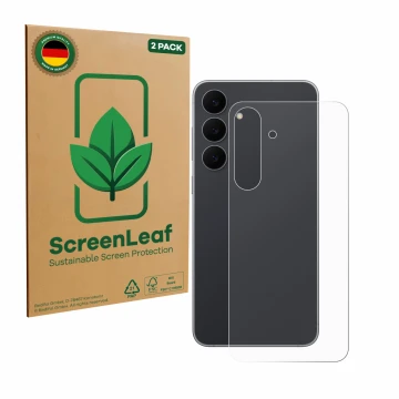 Parte frontale di una confezione del prodotto con il logo del marchio ScreenLeaf. Accanto è raffigurato il dispositivo Samsung