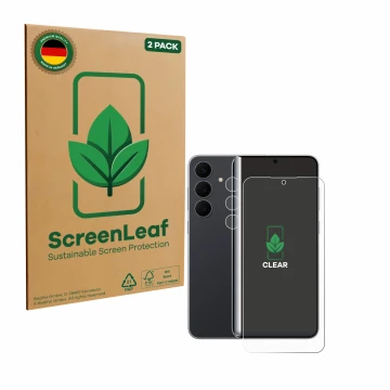 Parte frontale di una confezione del prodotto con il logo del marchio ScreenLeaf. Accanto è raffigurato il dispositivo Samsung