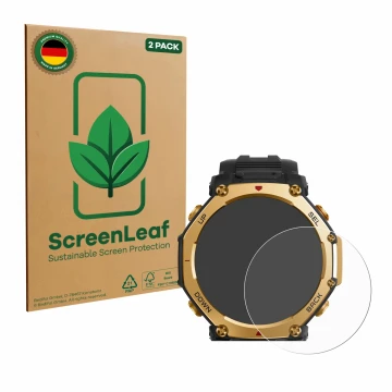 Parte frontale di una confezione del prodotto con il logo del marchio ScreenLeaf. Accanto è raffigurato il dispositivo Huami A