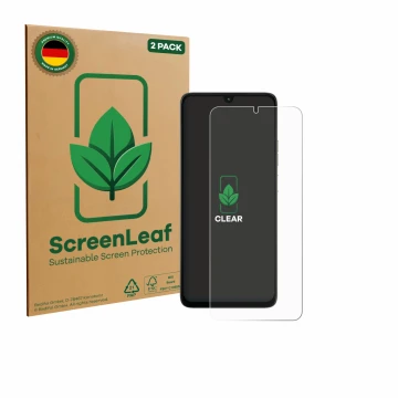 Parte frontale di una confezione del prodotto con il logo del marchio ScreenLeaf. Accanto è raffigurato il dispositivo Motorol