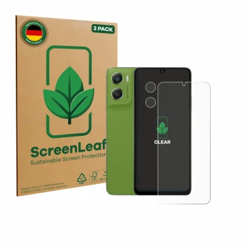 Parte frontale di una confezione del prodotto con il logo del marchio ScreenLeaf. Accanto è raffigurato il dispositivo Motorol