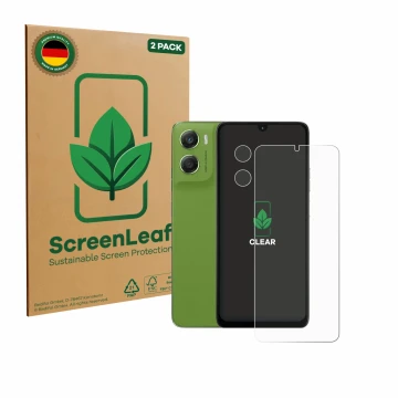 Parte frontale di una confezione del prodotto con il logo del marchio ScreenLeaf. Accanto è raffigurato il dispositivo Motorol