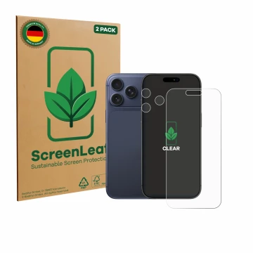 Parte frontale di una confezione del prodotto con il logo del marchio ScreenLeaf. Accanto è raffigurato il dispositivo Apple i