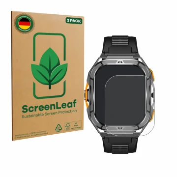 Parte frontale di una confezione del prodotto con il logo del marchio ScreenLeaf. Accanto è raffigurato il dispositivo Stahlge