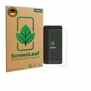 Parte frontale di una confezione del prodotto con il logo del marchio ScreenLeaf. Accanto è raffigurato il dispositivo Xiaomi 