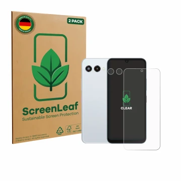 Parte frontale di una confezione del prodotto con il logo del marchio ScreenLeaf. Accanto è raffigurato il dispositivo Telekom