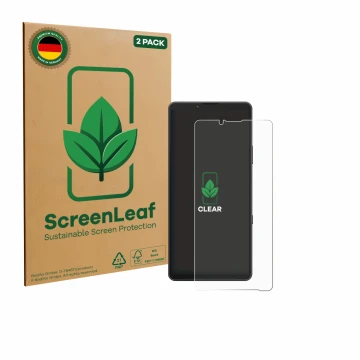 Parte frontale di una confezione del prodotto con il logo del marchio ScreenLeaf. Accanto è raffigurato il dispositivo Sony Xp