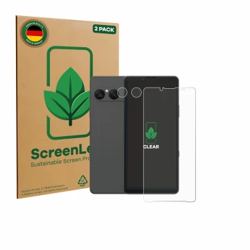 Parte frontale di una confezione del prodotto con il logo del marchio ScreenLeaf. Accanto è raffigurato il dispositivo Sony Xp