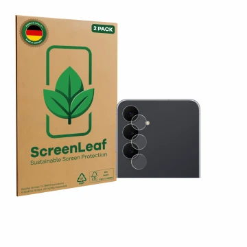 Parte frontale di una confezione del prodotto con il logo del marchio ScreenLeaf. Accanto è raffigurato il dispositivo Samsung