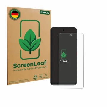 Parte frontale di una confezione del prodotto con il logo del marchio ScreenLeaf. Accanto è raffigurato il dispositivo Nubia F