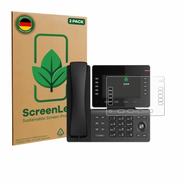 Parte frontale di una confezione del prodotto con il logo del marchio ScreenLeaf. Accanto è raffigurato il dispositivo Snom D8
