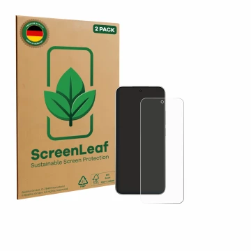 Parte frontale di una confezione del prodotto con il logo del marchio ScreenLeaf. Accanto è raffigurato il dispositivo Xiaomi 