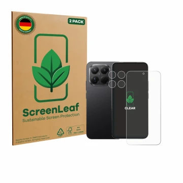 Parte frontale di una confezione del prodotto con il logo del marchio ScreenLeaf. Accanto è raffigurato il dispositivo Xiaomi 