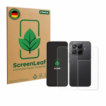 Parte frontale di una confezione del prodotto con il logo del marchio ScreenLeaf. Accanto è raffigurato il dispositivo Xiaomi 
